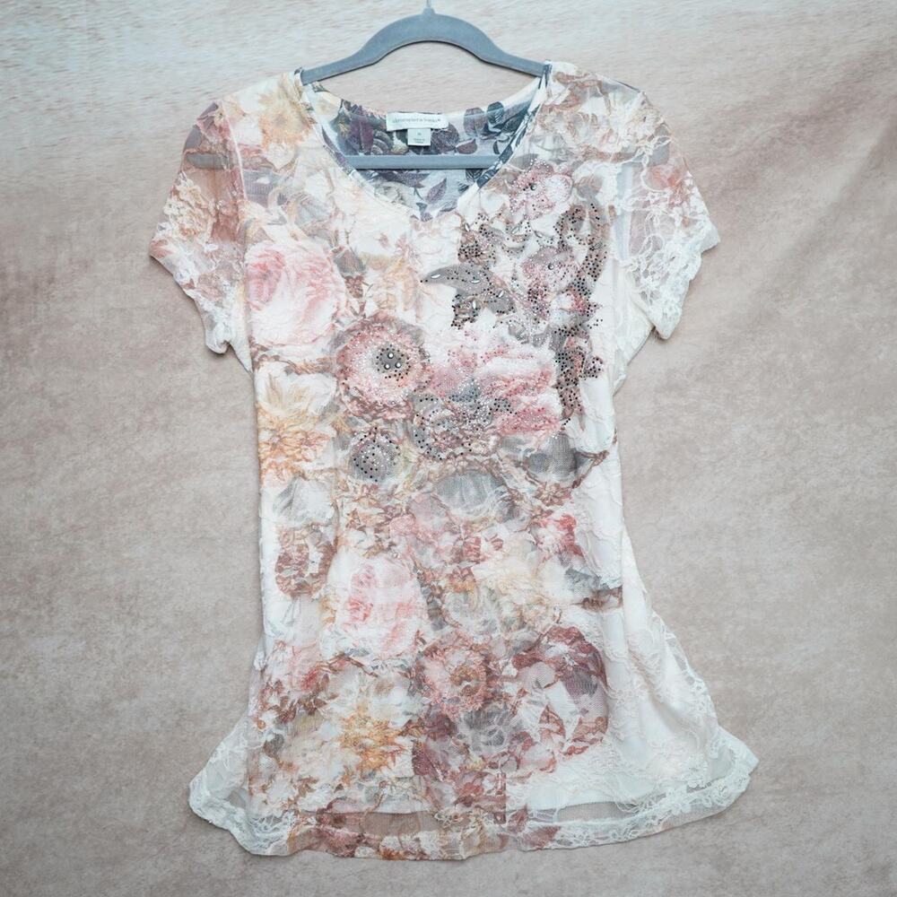 Christopher & Banks Floral Lace Top Medium Y2K Boho
